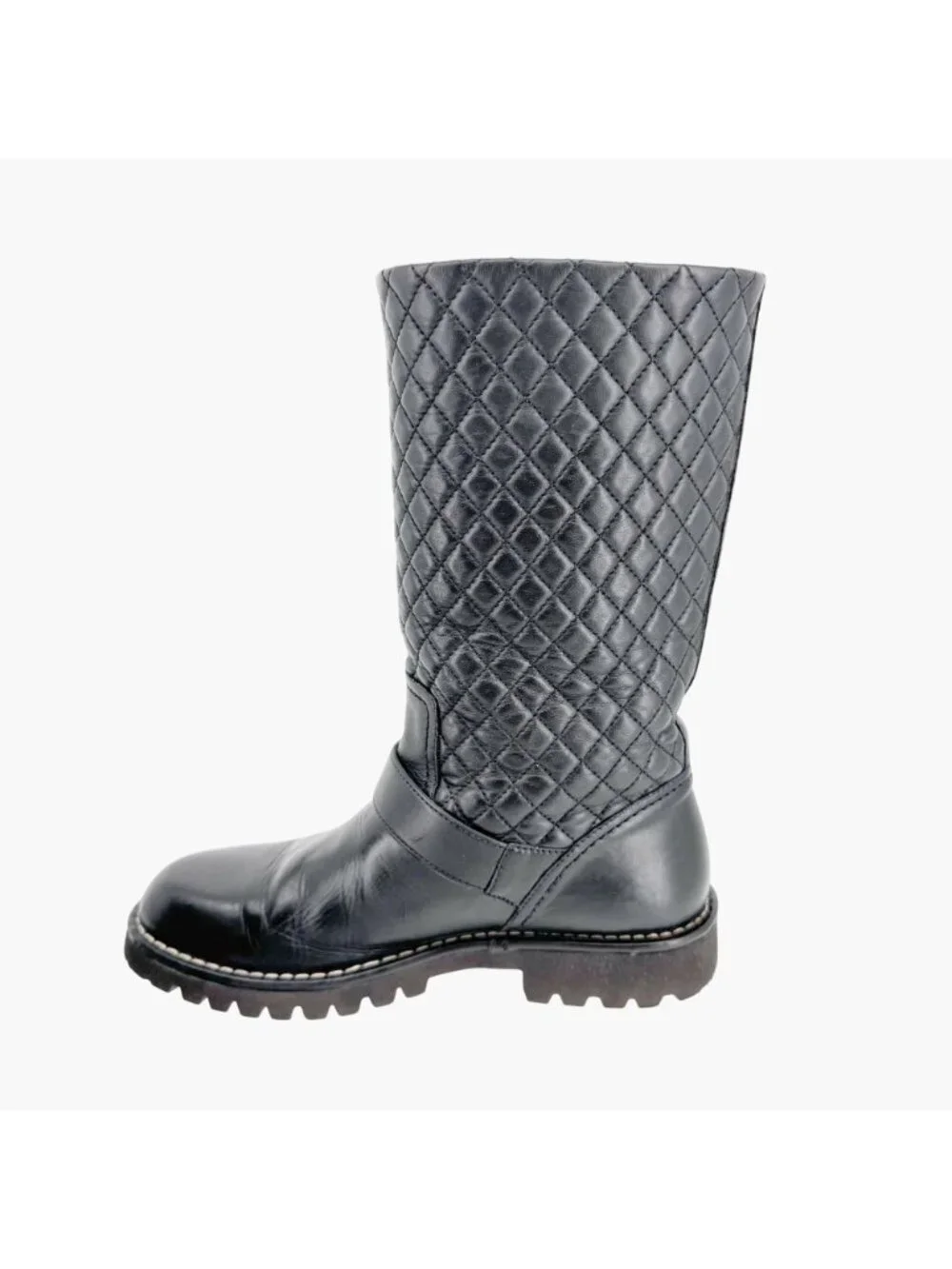 Chanel Quilted Moto Boots EU 37.5 US 6.5-7 Black Leather CC Biker Riding Calf